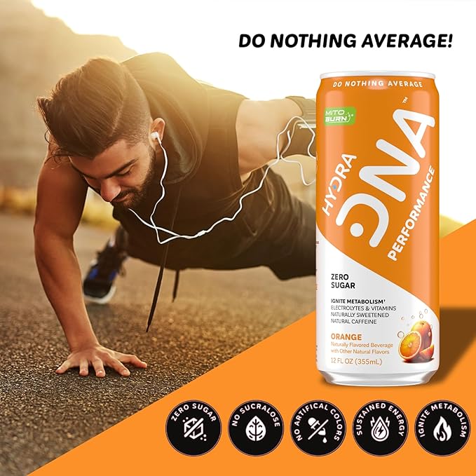 HYDRADNA- Clean Performance Drink, Zero Sugar | For Natural Fuel, Alertness, Boost, Stamina,120 mg Organic Caffeine, Natural Flavors, Zero Sucralose, Clean Ingredients (12 Pack) (12 Pack, Orange)-FlexoryFit