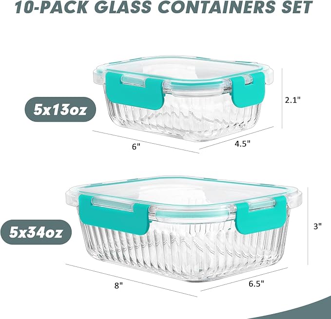 10 Packs Glass Meal Prep Containers with Lids, Glass Food Storage Containers Set, Airtight Lunch Containers, Microwave, Oven, Freezer and Dishwasher Safe, Green-FlexoryFit