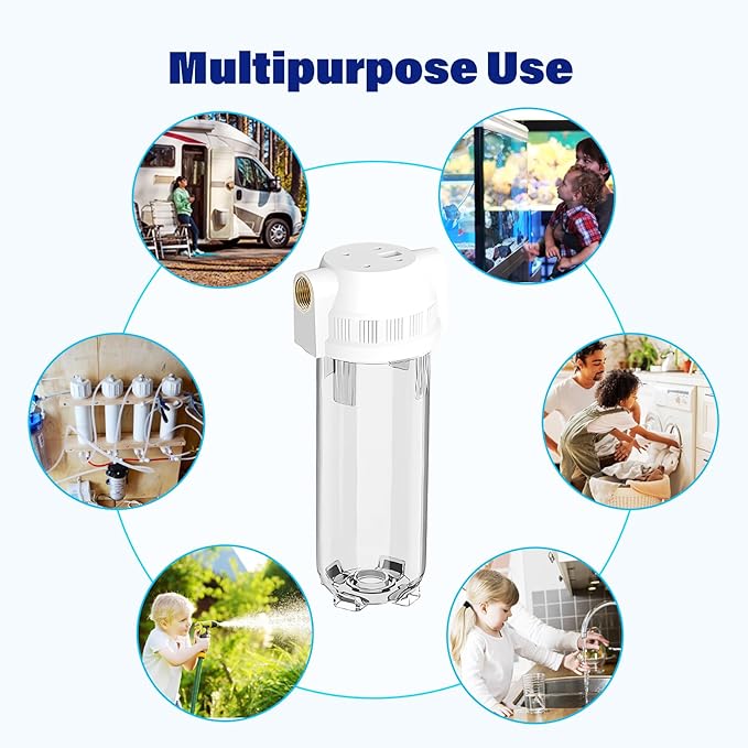 Whole House/RV Water Filter Housing Clear, 10" X 2.5" Inline Sediment Water Filter for RV, Home, Garden, Aquarium, Maple Syrup RO System, 3/4" G Brass Port, R-Type O-Ring, Heavy Duty Bracket-1025CBH