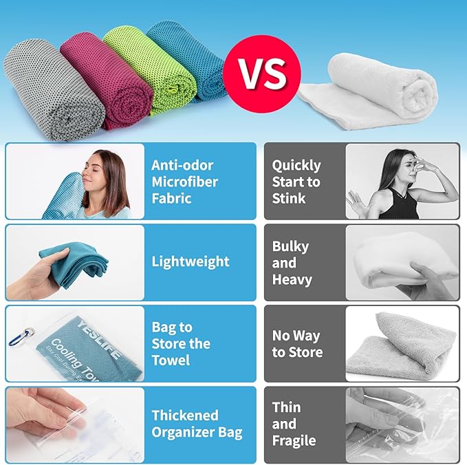 YESLIFE 4 Pack Cooling Towel 40"x12", Gym Towels for Men and Women, Soft Breathable Workout Towels for Yoga, Running, Sport, & More (Blue, Grey, Green, Pink)-FlexoryFit
