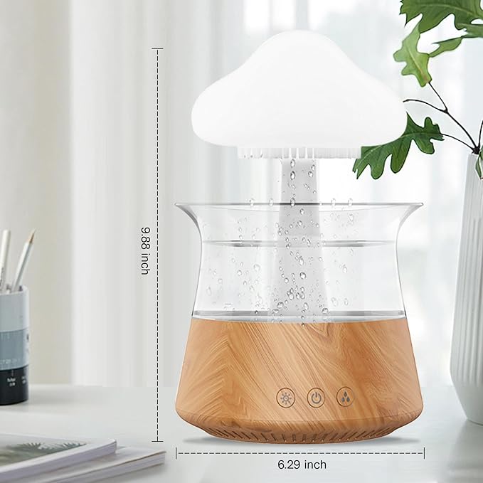 Rain Water Drop Humidifier - Mushroom Cloud Lamp Humidifier, Essential Oil Diffusers, 300ml White Noise Aromatherapy Diffusers with 7 Colors Cloud Lights for Home, Large Room, Office - Wood Grain