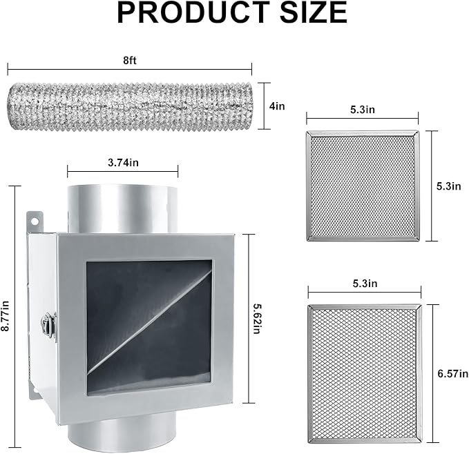 Dryer Duct Lint Trap, Indoor Dryer Vent Kit, Secondary Lint Trap for Electric Clothes Dryers with 4inch 8ft Dryer Vent Hose, 2 Clamps, 2 Stainless Steel Mesh, Dryer Lint Catcher for Dryer (Metal)