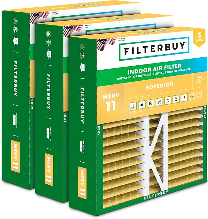 Filterbuy 20x20x5 Air Filter MERV 11 (MPR 1200) Allergen Defense Replacement (3-Pack), Pleated HVAC AC Furnace Filters for Honeywell FC100A1011, Lennox X0585 & More (Actual Size: 19.63 x 19.88 x 4.38)