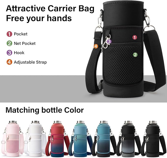 Insulated Water Bottle | Thickened Stainless Steel Vacuum Metal | Portable Sports Water Jug for Gym and Hiking with Straw, Carrier Bag, Handle Strap | BPA-Free 40 oz-FlexoryFit