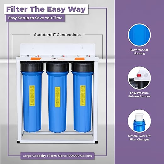 Rotek Water Systems Whole House Water Filtration System, 3-Stage Water Filter System, SED, KDF, ACB, Clean Water, Sediment, Carbon Block, & Heavy Metal Filter, 20 Inch