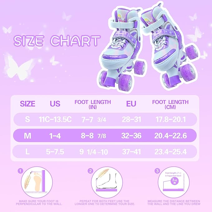Kids Roller Skates for Girls-Outdoor 4 Size Adjustable Butterfly Quad Rollerskates for Indoor Ages 3-12 Years Beginners Children's Birthday Gift with Light Up Wheels patines para niñas Indoor-FlexoryFit