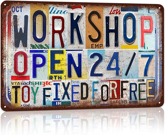 Vintage Workshop Wall Decor Metal Sign Tin Signs Poster - Workshop Open 24 7 Toy Fixed For Free-FlexoryFit