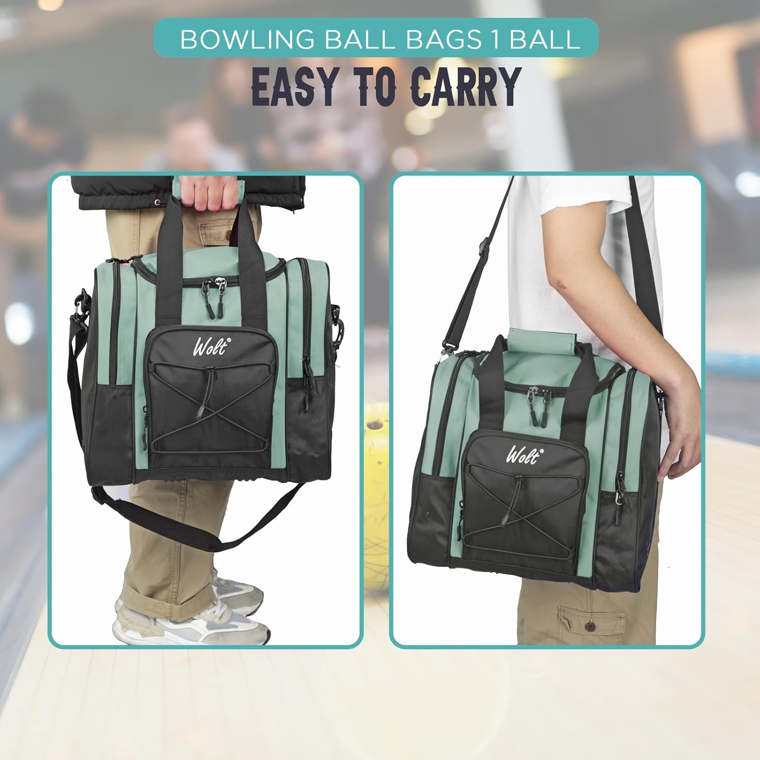 WOLT Bowling Ball Bag for Single Ball - Bowling Ball Tote Bag with Padded Ball Holder, 2 Pockets fit Bowling Shoes Up to Mens Size 14 and Accessories
