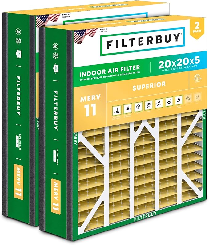 Filterbuy 20x20x5 Air Filter MERV 11 (MPR 1200) Allergen Defense Replacement (2-Pack), Pleated HVAC AC Furnace Filters for Trion Air Bear 255649-103 & More (Actual Size: 19.63 x 20.63 x 4.88)