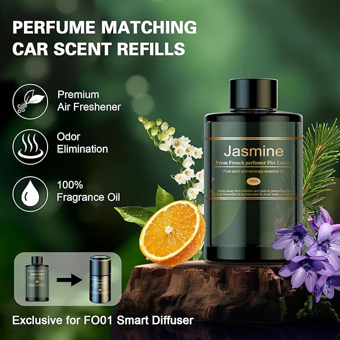 Car Air Freshener Refill for Men & Women 6.09 FL OZ /180ML - 9 Month Jasmine Scent Essential Oil Perfume, Essential Oil Made of Natural Plant Extracts, Compatible with Car Diffusers for Home/Office