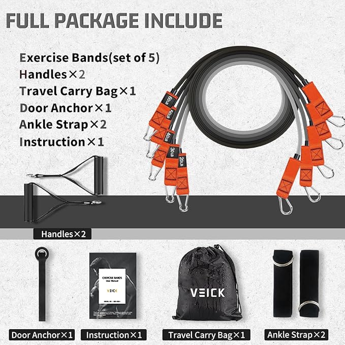 VEICK Resistance Bands, Exercise Bands for Working Out with Handles, Elastic Workout Bands for Men Women, Exercising Bands for Strength Training Equipment at Home Gym-FlexoryFit