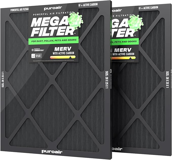 PuroAir Mega Filter - MERV 13 20x25x1 Air Filters For Home With Activated Carbon - Filters Allergens, Pet Dander, Smoke, Dust - Furnace and AC Filters - Air Filters 20x25x1 MERV 13 (2 Pack)