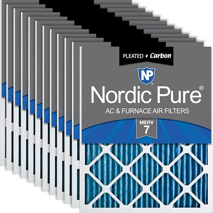 Nordic Pure 16x20x1 (15 1/2 x 19 1/2 x 3/4) Pleated Air Filters MERV 7 Plus Carbon 12 Pack