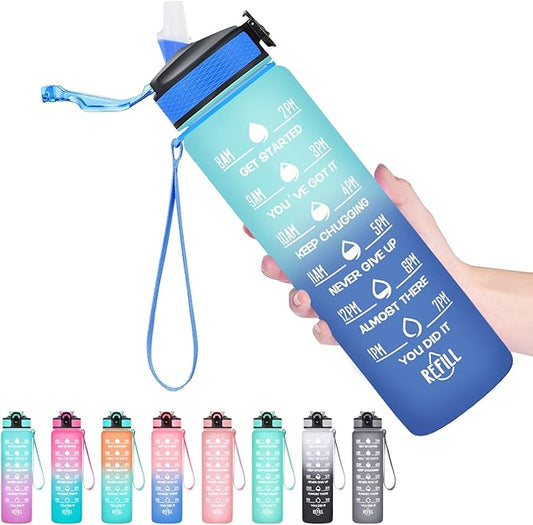 Hyeta 32 oz Water Bottles with Times to Drink and Straw, Motivational Water Bottle with Time Marker, Leakproof, Drinking Sports Water Bottle for Fitness, Gym and Outdoor-FlexoryFit
