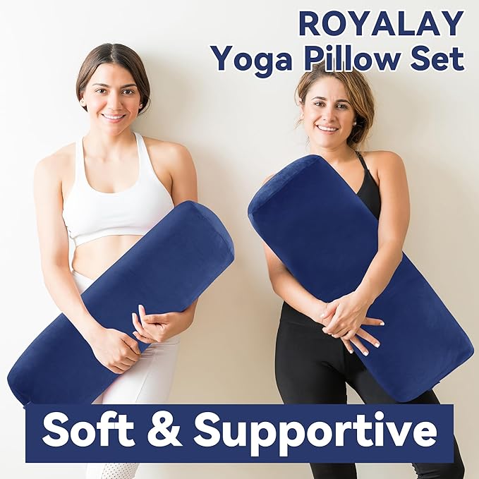 ROYALAY 2 Pcs Yoga Bolster Pillow for Restorative Yoga, Rectangular and Cylinder Meditation Pillow Set with Carrying Handles, Supportive Cushion for Exercise Workout Stretching Meditation,Dark Blue-FlexoryFit