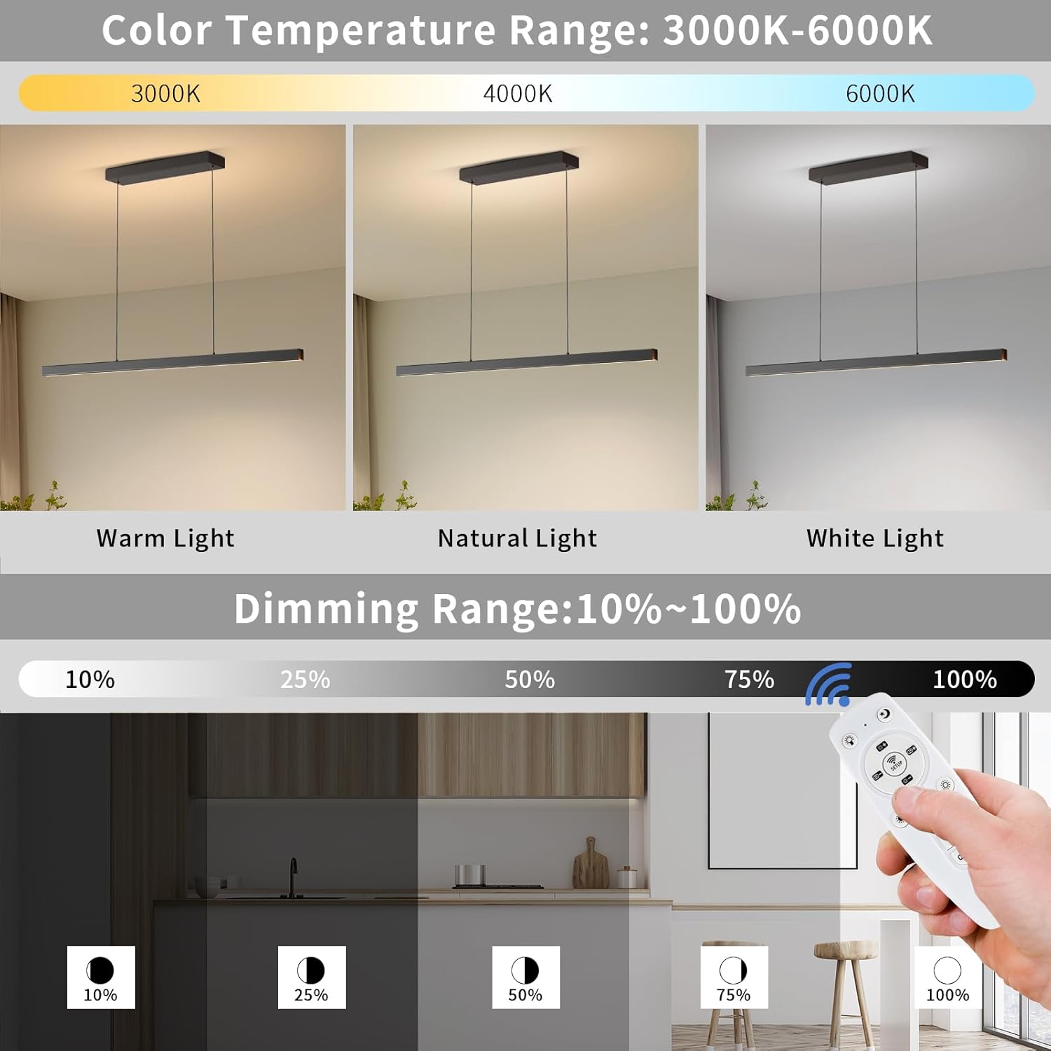 Modern Ceiling Pendant Lights,39in LED Black Linear Chandelier with Remote Control 3000k-6000K Adjustable Color Temperature,Island Lighting Hanging Light for Kitchen,Dining Room,Living Room