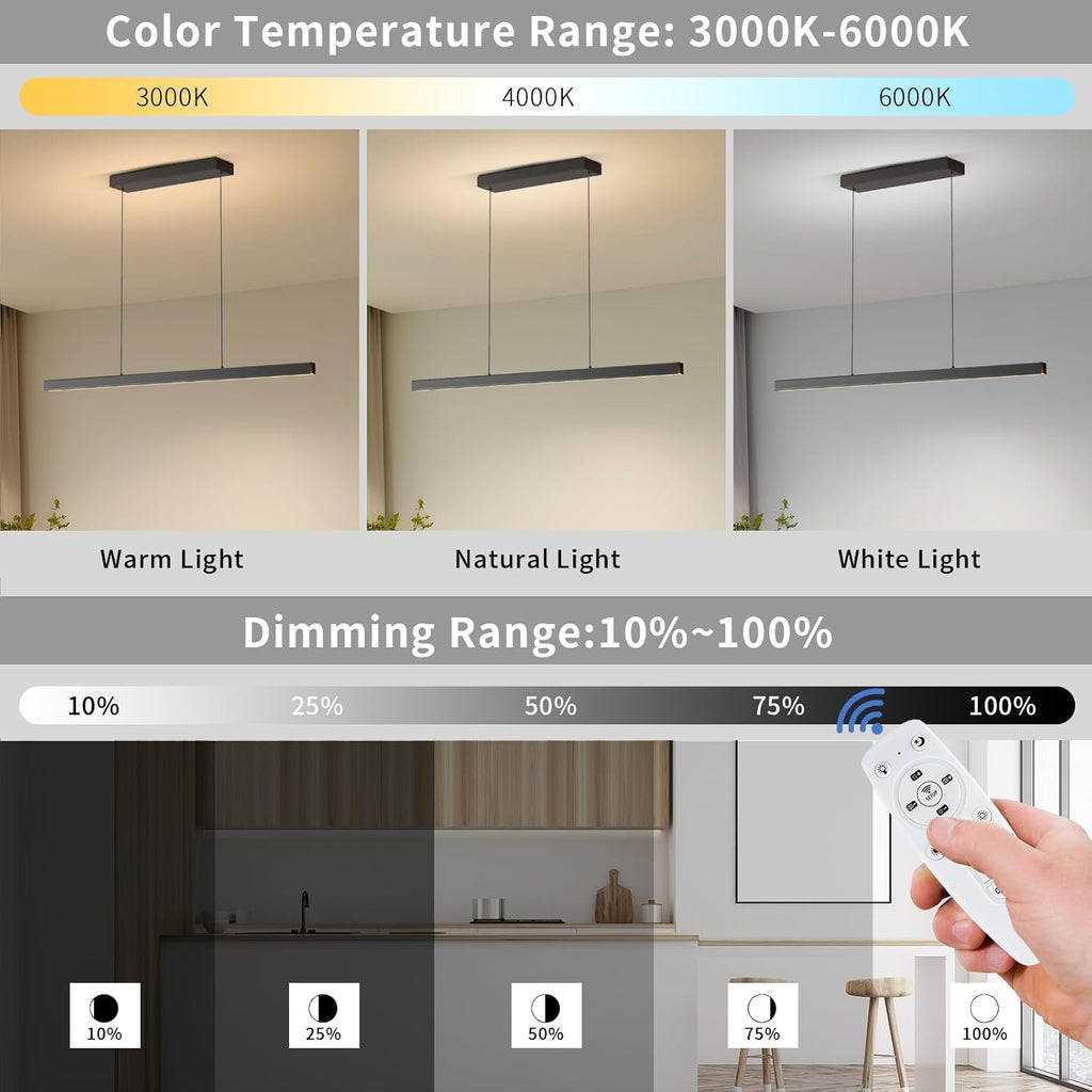 Modern Ceiling Pendant Lights,71in LED Black Linear Chandelier with Remote Control 3000k-6000K Adjustable Color Temperature,Island Lighting Hanging Light for Kitchen,Dining Room,Living Room