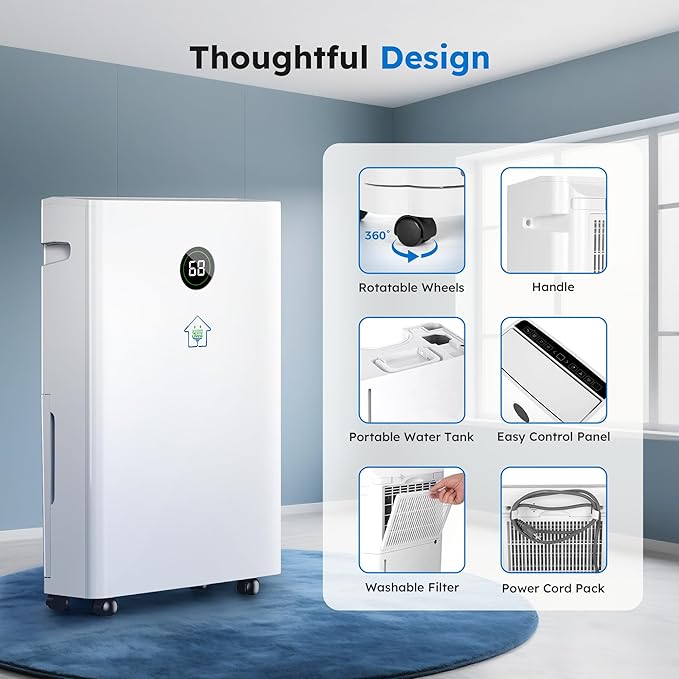 6,500 Sq. Ft Dehumidifier for Basement With Reusable Air Filter 60 Pint - Auto Drain or Manual Drainage, Auto Defrost, Ideal for Home, Bathrooms, Large & Medium Sized Rooms (White)