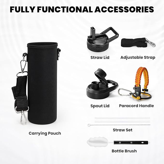 Insulated Water Bottle 24oz, Triple Wall Vacuum Stainless Steel (Cold for 48 Hrs, Hot for 24Hrs), Leak Proof & Non-BPA, 24oz Hydro Water Flask with Paracord Handle & Straw Spout Lids-FlexoryFit