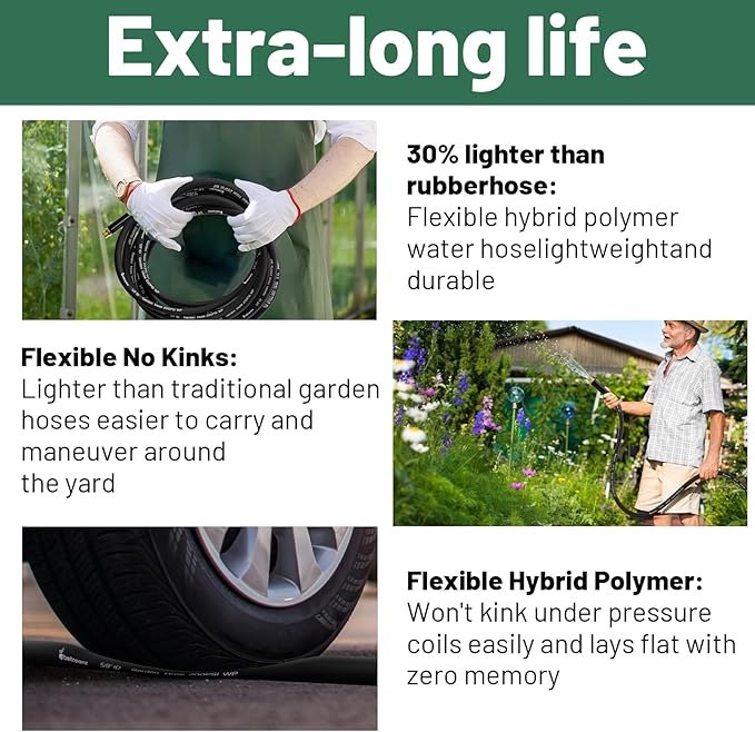 100 ft Garden Hose, 5/8 in Heavy Duty Water Hose, Flexible and Durable, Lightweight Rubber Hybrid Hose, Leak-Free Connections, Male to Female Fittings, BT100B, Black
