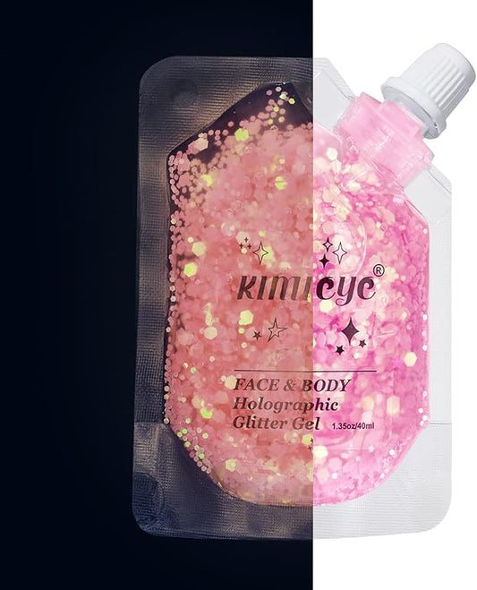 Holographic Face Glitter Gel Body Shimmer Makeup for for Hair, Face, Clavicle, Arm, Nail, Eyeshadow, Long Lasting Waterproof Mermaid Sequins Party Glitter for Rave Festival, 1.35oz (Luminous Pink)-FlexoryFit