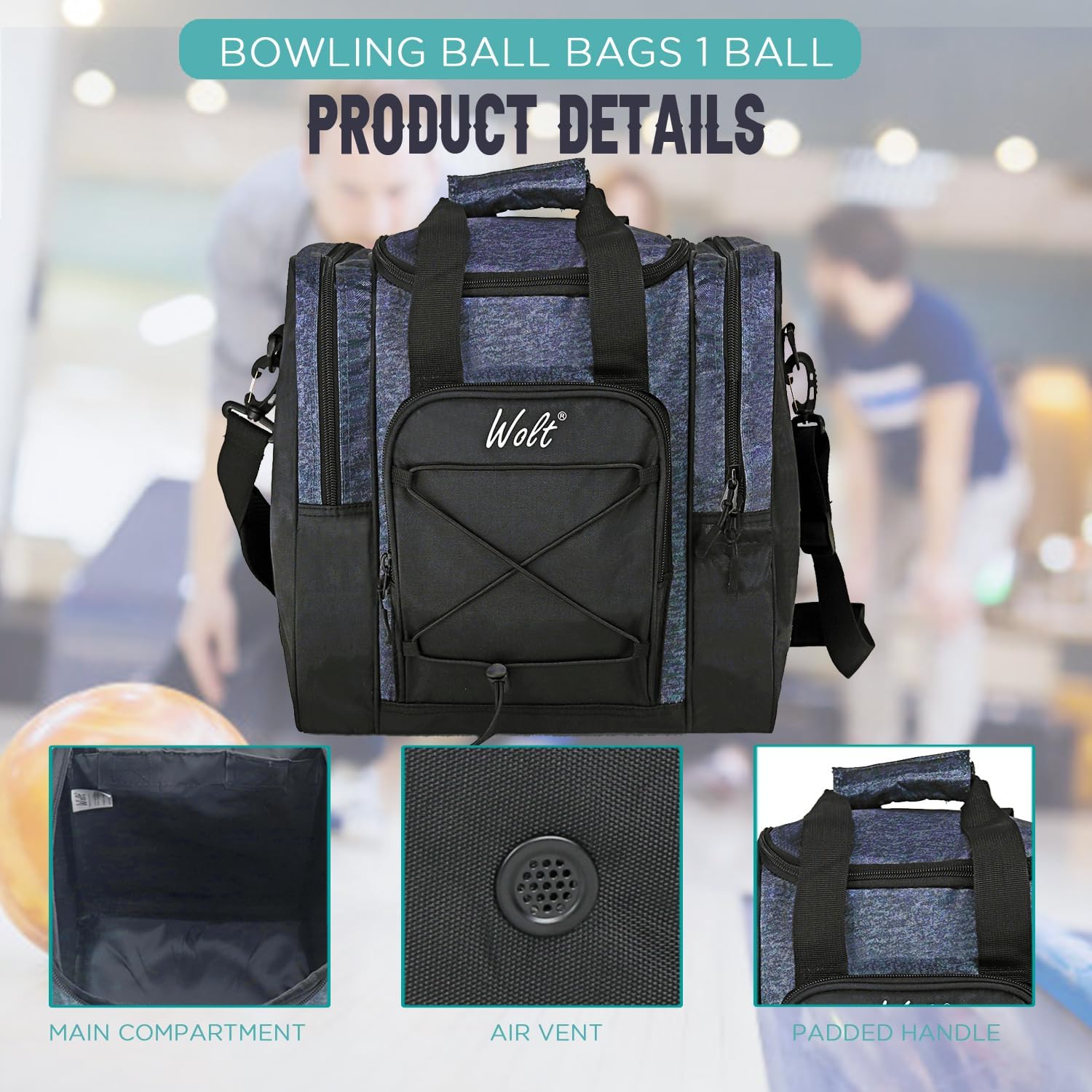 WOLT Bowling Ball Bag for Single Ball - Bowling Ball Tote Bag with Padded Ball Holder, 2 Pockets fit Bowling Shoes Up to Mens Size 14 and Accessories