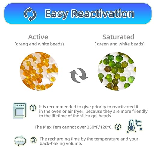 [6 Packs] 50g Desiccant Packs, Indicating Silica Gel Packets, Rechargeable Desiccant Packs, Desiccant Moisture Absorber for Storage