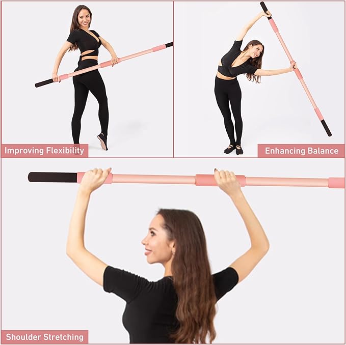 Pink Yoga Stick 58 Inch - Alloy Steel Stretching, Mobility & Exercise Stick with Neck & Hand Pads, Shoulder Flexibility Tool for Yoga, Pilates & Home Gym Workouts-FlexoryFit