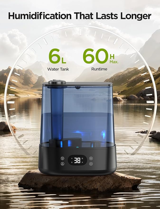 GoveeLife Smart Humidifiers for Bedroom, 6L Cool Mist Top Fill for Large Room, Humidity Sensor, Auto Mode, 60H Quiet Runtime, Schedule, WiFi Humidifier for Baby Plant, Compatible with Alexa, Black