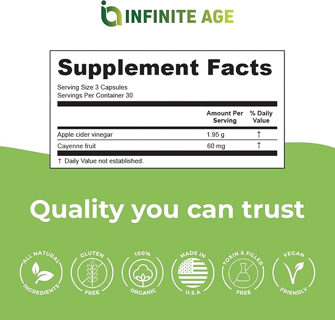 INFINITE AGE 1950mg Apple Cider Vinegar Capsules, 90 Count - Made in The USA, Vegan, Gluten Free, All-Natural - with 60mg Cayenne Fruit - No Fillers, Ultra Concentrated-FlexoryFit