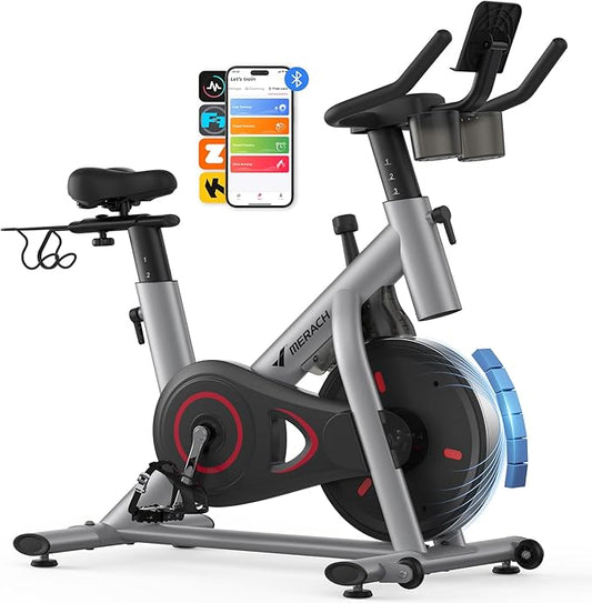MERACH Exercise Bike, Brake Pad Stationary Bike with Exclusive App, Low Noise Indoor Cycling Bike with 300lbs Weight Capacity, Tablet Mount and Fitness Courses for Weight Loss-FlexoryFit