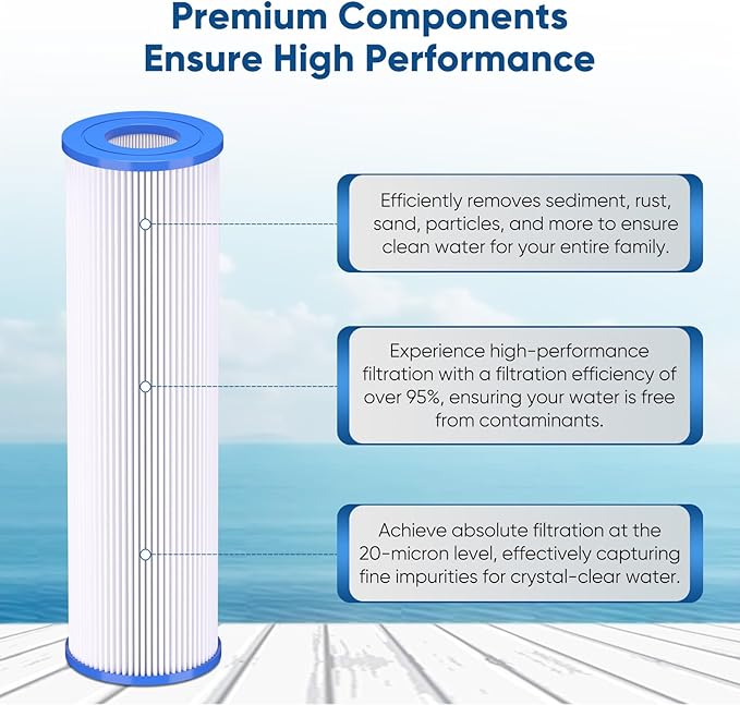 PUREPLUS 20 Micron 10"x2.5" Whole House Pleated Sediment Filter for Well Water, Replacement Cartridge for Universal 10 inch RO System, W50PE, WFPFC3002, SPC-25-1050, FM-50-975, 801-50, WB-50W, 4Pack
