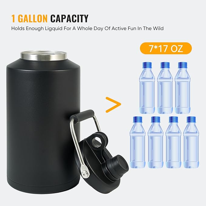 Kerilyn Insulated Jug with Handle, One Gallon, 128oz Stainless Steel, Large Double Vacuum Water Bottle for Hot & Cold Drinks, Wide Mouth, Sweat Proof, Great for Travel, Hiking & Camping, Black-FlexoryFit