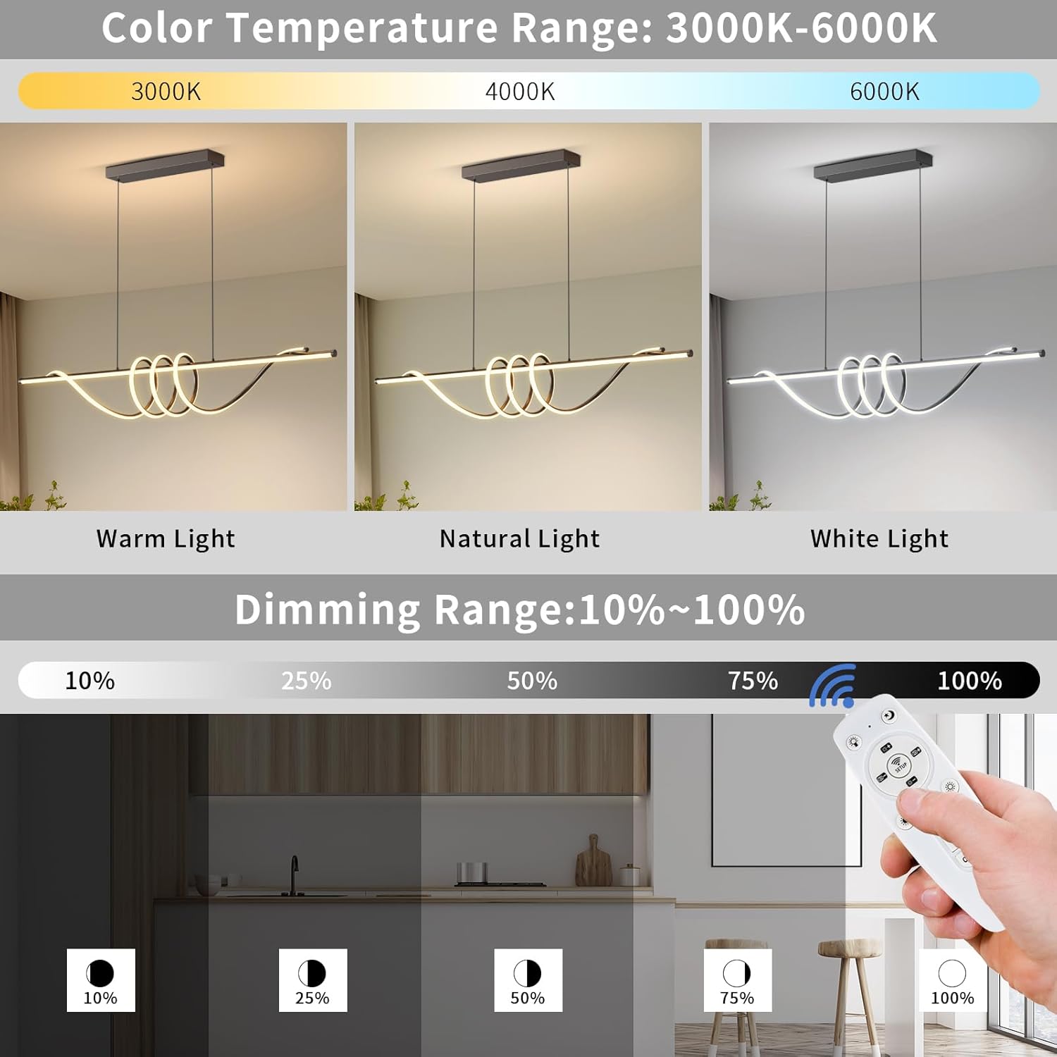 Modern LED Pendant Lights, Ceiling Chandelier Dimmable with Remote Control 3000k-6000K Adjustable Color Temperature, Aluminum Island Lighting Lamp Fixture for Kitchen, Dining Room(57in Black)