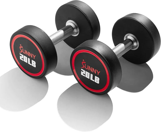 Sunny Health & Fitness Premium Polyurethane Commercial Grade Round Dumbbells with Diamond Knurled Handle, Durable Strength Training Equipment for Home Gym, 5-50LB-FlexoryFit