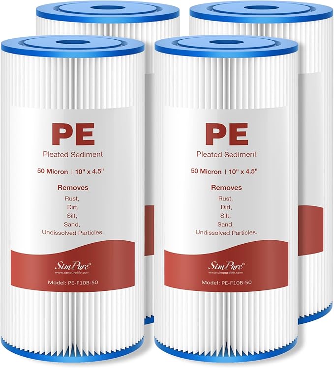 SimPure 10"x4.5" Pleated Sediment Water Filter, 50 Micron Whole House Water Filter Cartridge for Well Water Compatible with FXHSC, ECP20-BB, R50-BBSA, CB1-SED10-BB (4 Pack)