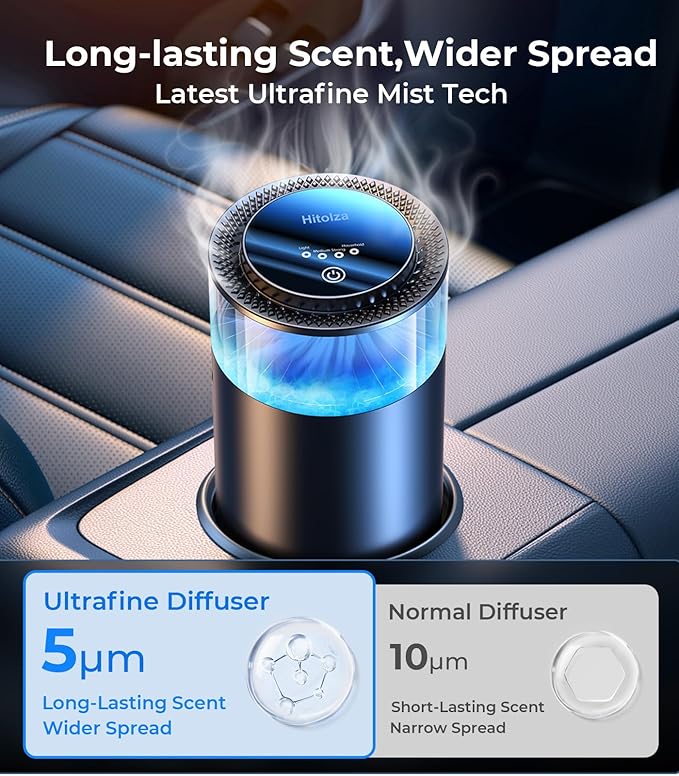 Smart Car Air Fresheners, Ambient Light & Mist Fragrance, Auto On/Off Car Air Freshener Diffuser, Adjustable Intensity, Lasts 6 Months, Built-in Battery, Premium Scents Refill X2 - Vanilla
