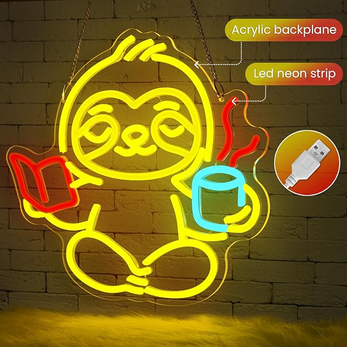 Sloth Neon Sign,Classroom Neon SIign,Neon Sign for Classroom,LED Light Up Reading Coffee Sign for Bedroom,Living Room,Home Office,Kids Room,Cute Animal Neon Wall Art for Book Lovers