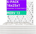 16x25x1 MERV 13 (6-Pack) Pleated Air Filter (Actual Size: 15.75"x24.75"x0.75") MPR 1900 & FPR 10, Furnace Air Filters, 16x25x1 air filter