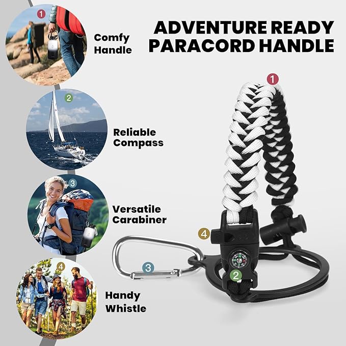 Insulated Water Bottle 64 oz, Triple Wall Vacuum Stainless Steel (Cold for 48 Hrs), Leak Proof & Non-BPA, Half Gallon Water Flask Jug with Paracord Handle & Straw Spout Lids, White/Black-FlexoryFit