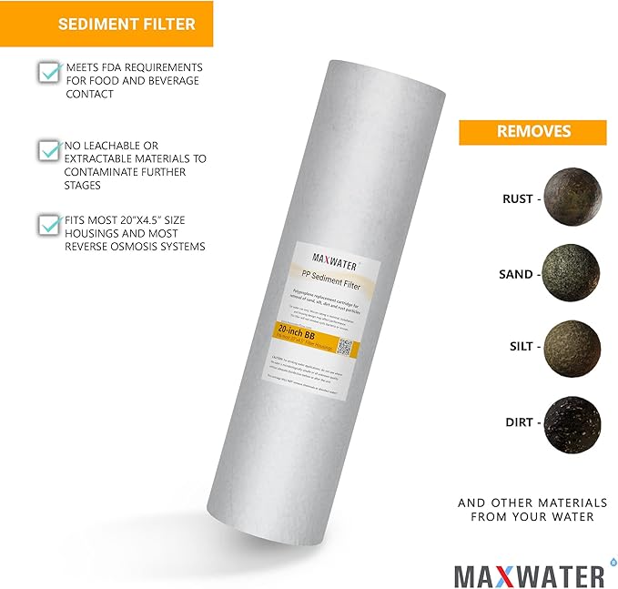 Max Water 5 Micron 20 x 4.5 Sediment Filter 20 inch Whole House BB Water Filteration System Replacement Compatible Cartridge DGD-5005-20, FP25B, AP810-6, FPMB5-20, P5-20, 155358-43, SDC-45-2005