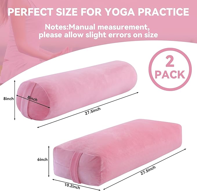 ROYALAY 2 Pcs Yoga Bolster Pillow for Restorative Yoga, Rectangular and Cylinder Meditation Pillow Set with Carrying Handles, Supportive Cushion for Exercise Workout Stretching Meditation,Pink-FlexoryFit