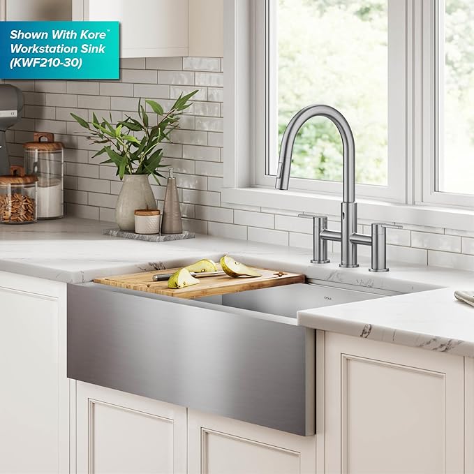 KRAUS Oletto Touchless Sensor Bridge Kitchen Faucet with Pull-Down Sprayhead in Spot-Free Antique Champagne Bronze, KSF-3122SFACB