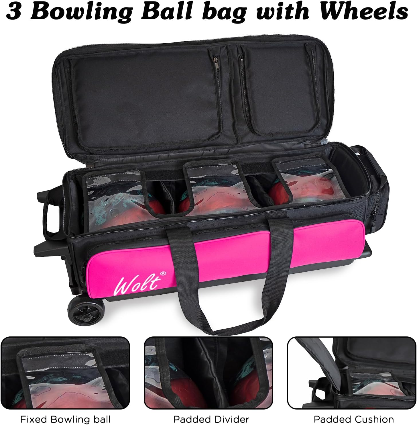 WOLT 3 Ball Bowling Bags with Wheels,Bowling Ball Bag 3 Ball Roller with Separate Shoe Compartment and Accessory Pocket, Retractable Handle Extends to 38’’
