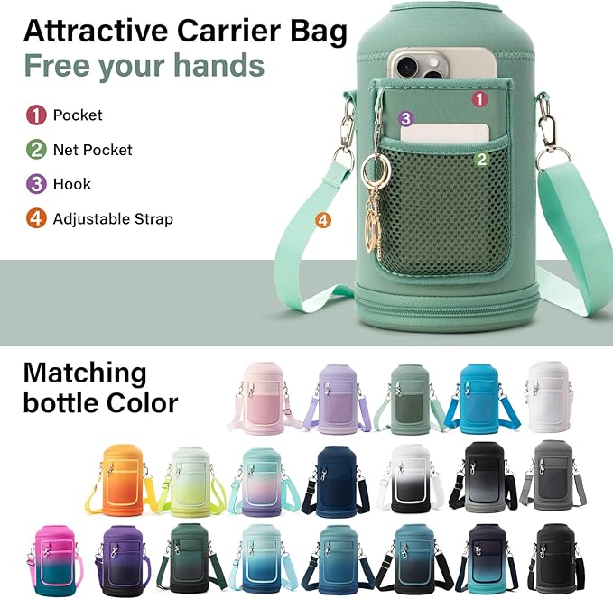 Insulated Water Bottle | Thickened Stainless Steel Vacuum Metal | Portable Sports Half Gallon Large Water Jug for Gym and Hiking with Straw, Carrier Bag, Handle Strap | BPA-Free 64 oz-FlexoryFit