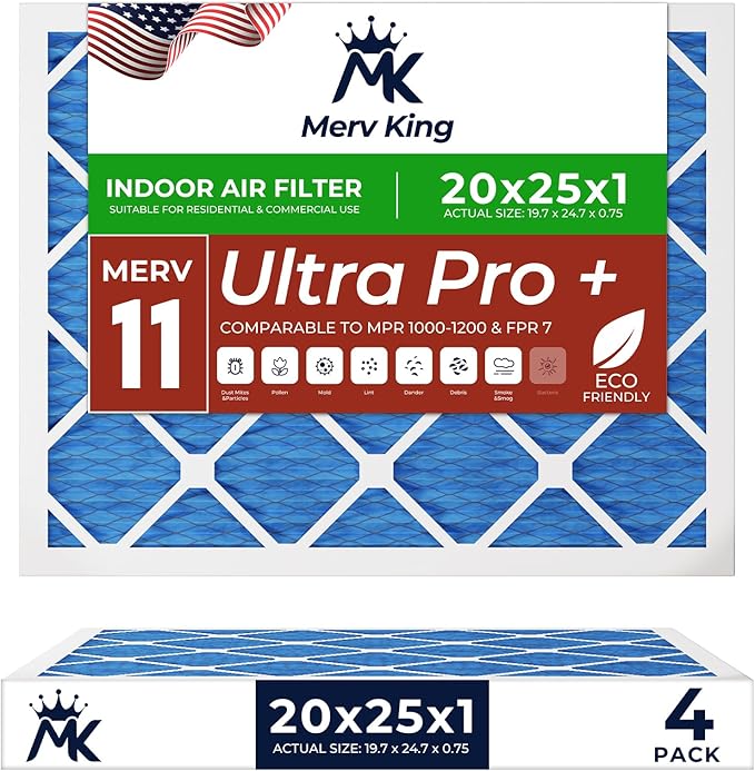 MervKing 20x25x1 Air Filter Actual Size: 19.7" x 24.7" x 0.75" MERV 11 MPR 1000-1200 | MADE IN USA | 4-Pack | Pleated HVAC AC Furnace Replacement
