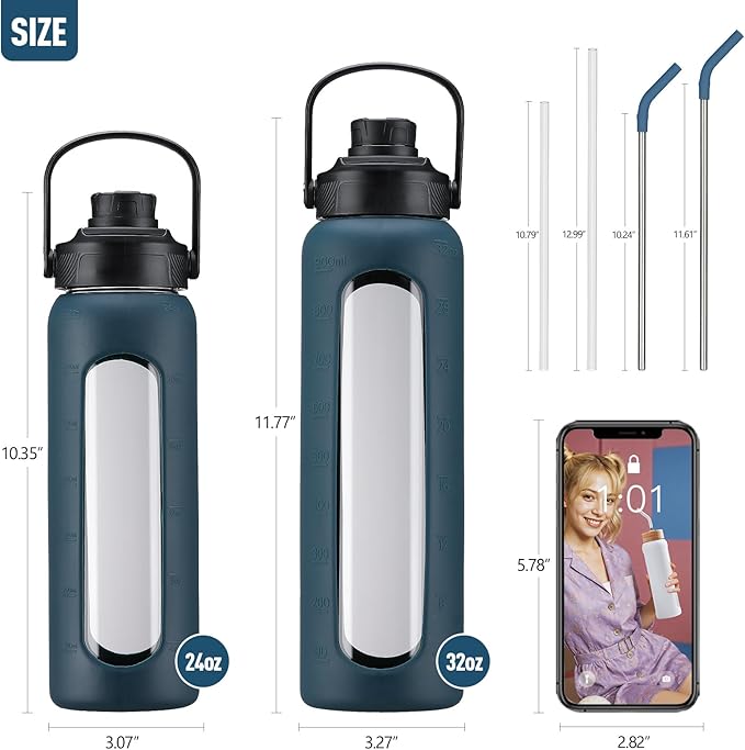 Kodrine Water Bottle with Straw, 24 oz Glass water Bottle with 2 Lids Bamboo Straw Lid and Spout Lid with Handle, 32 oz Clear Water Bottle Glass for Sports Travel, Waterbottle with Time Marker-FlexoryFit