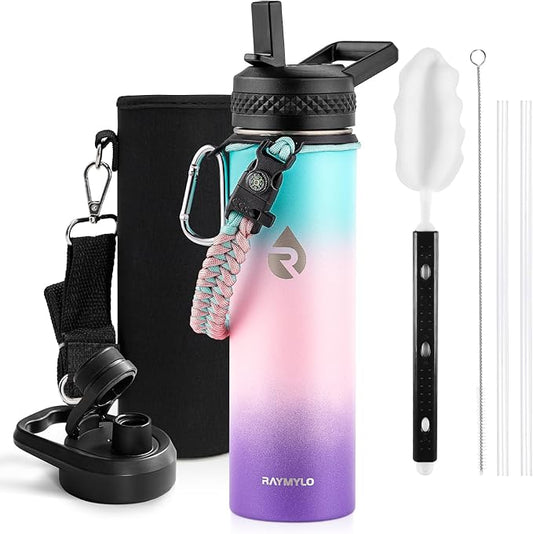 Insulated Water Bottle 20 oz, Triple Wall Vacuum Stainless Steel (Cold for 48 Hrs), Leak Proof & Non-BPA, Kids Water Bottle Jug for School with Straw Spout Lids, Hydrangea-FlexoryFit