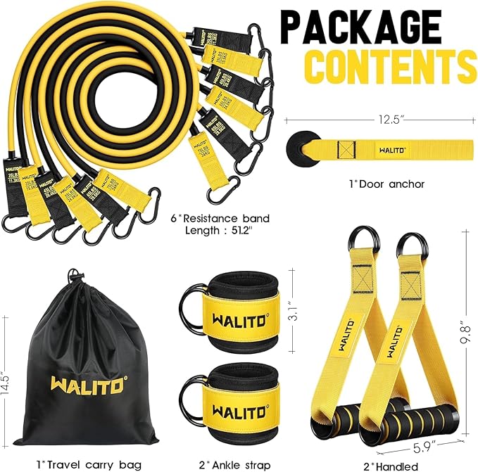 WALITO Resistance Bands Set - Exercise Bands with Handles, Door Anchor, Legs Ankle Straps, for Heavy Resistance Training, Physical Therapy, Muscle Training, Yoga, Home Workouts-FlexoryFit