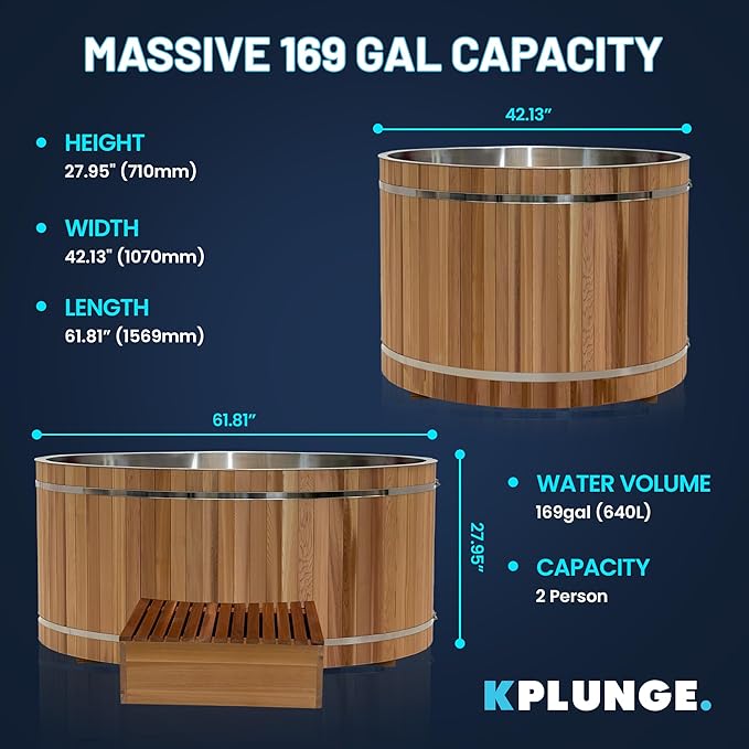 Premium 62-in. Oval Cedar Wood Cold Plunge and Hot Tub with Stainless Steel Interior, Wooden Step, Foldable Thick Cover, Headrest, and Barrel Hoop for Indoor and Outdoor Recovery Use – Tub Only